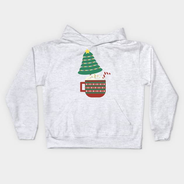 Decorated Christmas tree in a large Red Green mug with hot cocoa, whipped cream, marshmallow and striped candy cane Kids Hoodie by sigdesign